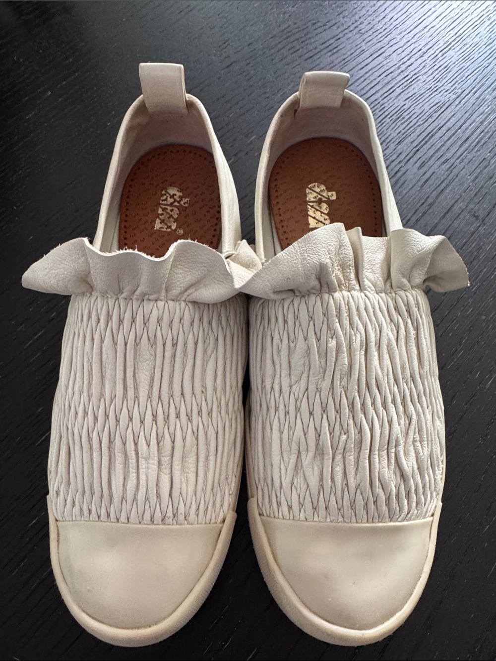 Mercedes Castillo Antionett white leather ruffle smocked slipon platform sneaker